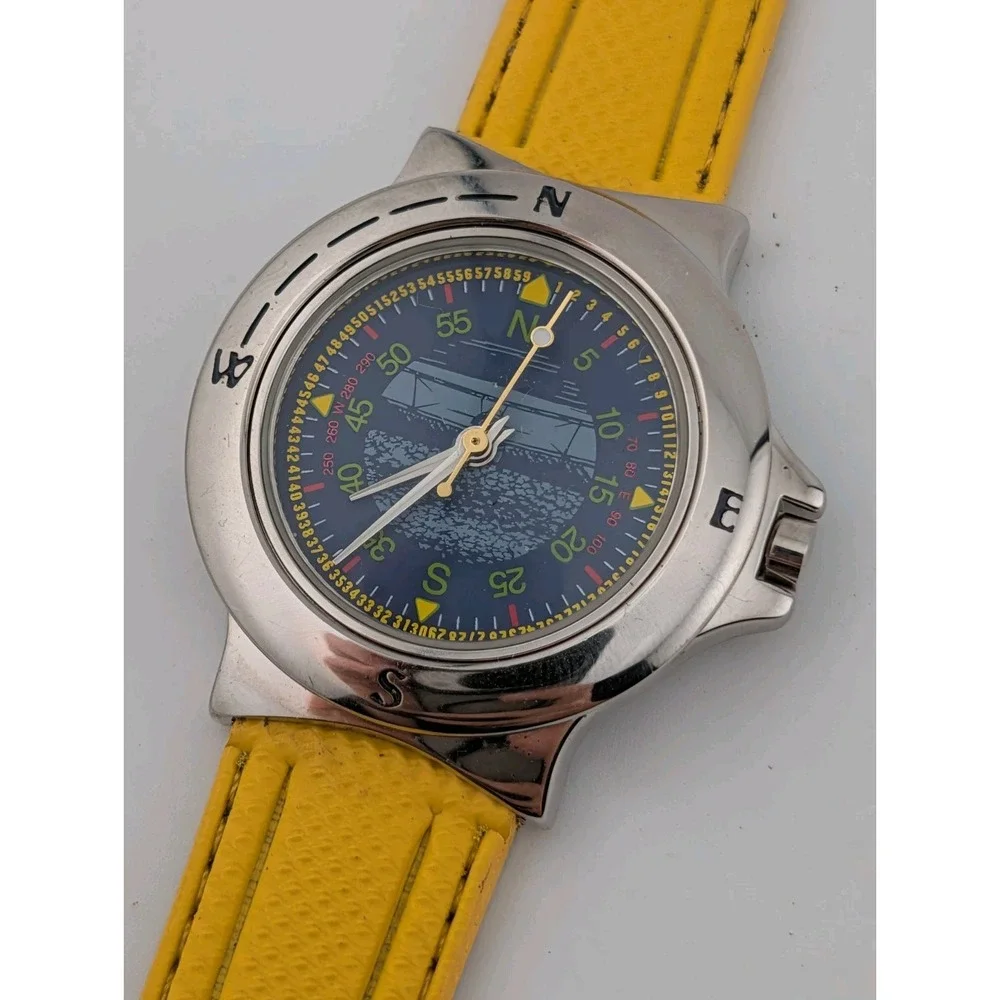 Men's Compass Artwork Dial Watch 36mm Silver Case Yellow Band- New Battery